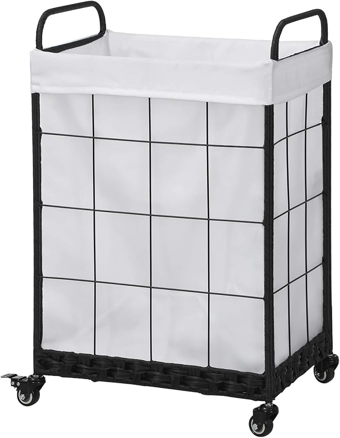 Heavy Duty Laundry Hamper with Lockable Rolling Wheels – Durable, Collapsible Laundry Basket Featuring Removable Liner Bag & Metal Handle (White)