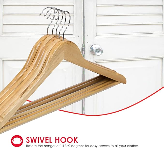 Home Basics 5 Pack Wooden Non-Slip Suit Hangers with Pants Bar – Smooth Finish Solid Wood Coat Hanger 360° Swivel Hook and Cut Notches for Jacket, Pant, Dress Clothes Hangers (Natural)
