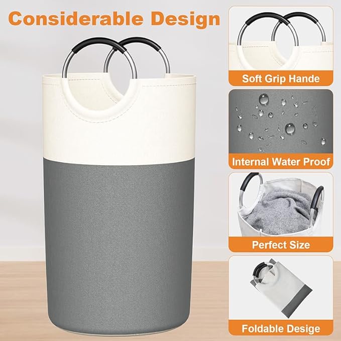 2 Pack 90L Laundry Hamper Large Collapsible Laundry Baskets, Tall Foldable Sturdy Dirty Clothes Hamper with Aluminum Soft Handles for Laundry Room College Dorm Bathroom Bedroom(Grey)