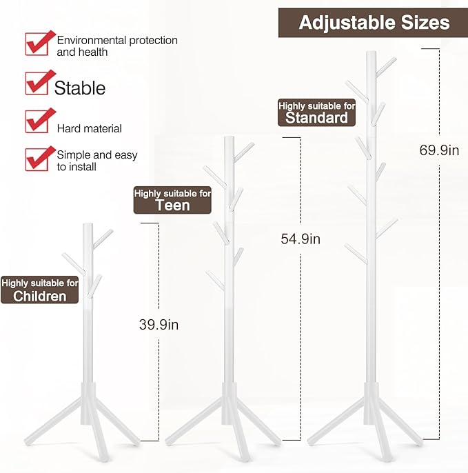 2 PCS Coat Rack, Freestanding Coat Rack with 8 Hooks and 3 Adjustable Size Tree Coat Racks for Bedroom, Hallway, Entrance, Office, for Hats, Coats, Scarves, Handbags