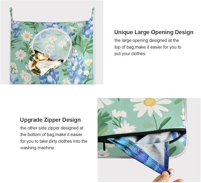 Mint Green Bluebonnet and Daisies Hanging Laundry Hamper Door Hampers Bag Basket with Stainless Steel Hooks Oxford Fabric Printing Decorative Clothes Bags 29.5X20inch 1Pack