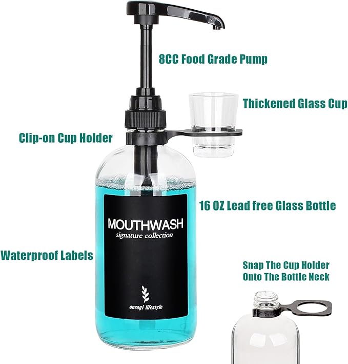 Clear Glass Mouthwash Dispenser with Black Cup Holder and Pump, 16 Oz Rustic Boho Mouthwash Dispenser for Bathroom Farmhouse Decor - 1 Pack