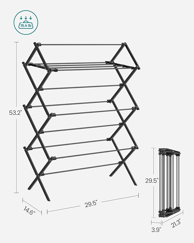 SONGMICS Foldable Clothes Drying Rack, Laundry Drying Rack, Clothes Airer, Steel Frame, 14.6 x 29.5 x 53.2 Inches, Easy Assembly, Indoor Outdoor Use, Black ULLR770B01