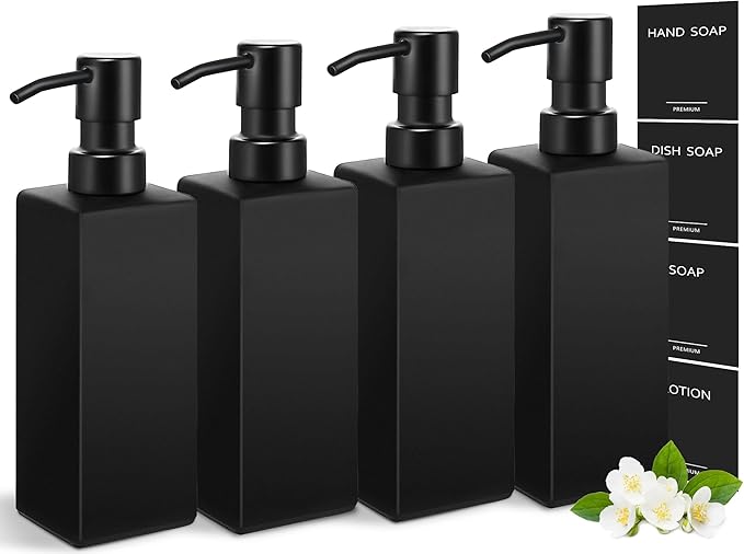 GMISUN Black Soap Dispenser, Hand Soap Dispenser Bathroom, 12 fl oz/350ml Glass Soap Dispensers with Stainless Steel Pump, Refillable Liquid Dish Dispensers for Kitchen, Modern Soap and Lotion Bottle