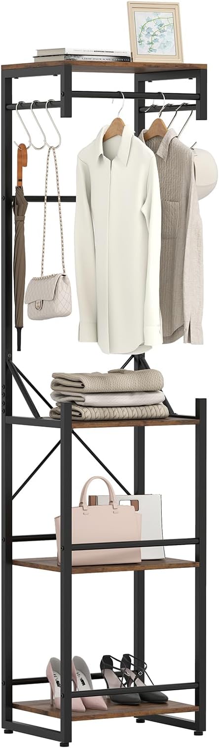 Tangkula Industrial Narrow Coat Rack Freestanding, Slim Hall Tree with 4 Storage Shelves, 6 Hooks & 3 Hanging Rods, Heavy-Duty Metal Clothes Rack Stand Organizer for Entryway, Hallway, Bedroom