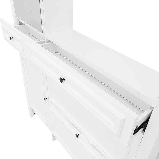 54.7'' Hall Tree with Integrated Shoe Cabinet and Mirrored Cabinet Door, 4-in-1 Design Entryway Coat Hanger with 2 Flip Drawers, 4 Hooks and 2 Cabinets for Entrance Living Room