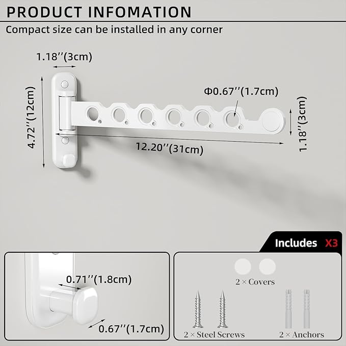 Wall Mounted Clothes Hanger Rack Foldable Drying Rack Hook Folding Indoor for Laundry Room Organization Bedroom Collapsible Racks Perfect for Small Spaces, 6 Hole White 2 Packs