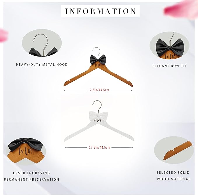 Mr. and Mrs. Wooden Bride Hanger, Wedding Dress Hangers for Bride with White Bow - Groom's Hanger with Black Bow Tie - Set of 2 (White + Vintage)