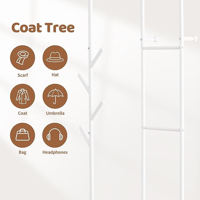 FILWH Rolling Coat Rack with Storage Shelf Freestanding Coat Rack Hall Tree with 6 Hooks for Entryway, Bedroom Metal Clothes Hanger Stand for Hats, Jackets, Bags,Shoes (White, Double-layer)