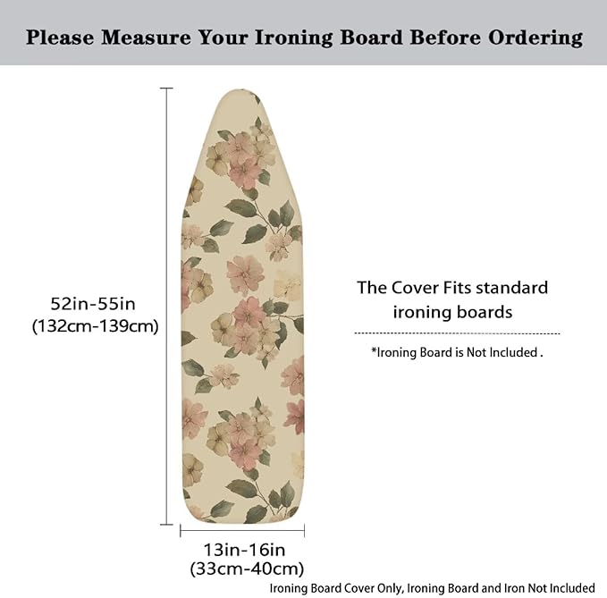 Vintage Flower Ironing Board Cover 15x54 Inch Extra Thick Resistant Scorch and Staining,3 Fasteners,Elastic Edge,Large Protective Scorching Standard Size