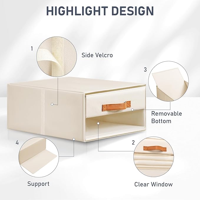 DIMJ Closet Organizers and Storage - Pull-out Fabric Bins with Drawers for Closet Foldable Clothes Organizers with Clear Window, Stackable Storage Drawers for Bedroom,Living Room,Shelf,4-Pack, Beige