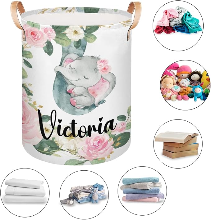 Personalized Laundry Basket, Custom Gift Laundry Hamper, Collapsible Nursery Waterproof Laundry Baskets, Dirty Clothes Toy Hamper with Handles Floral Sleeping Elephant