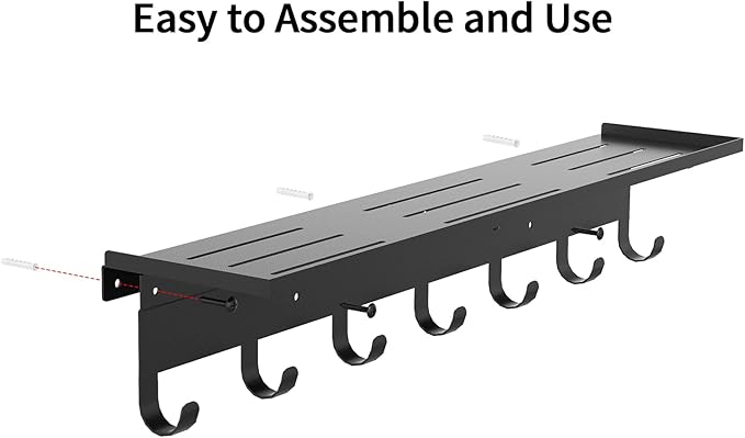 Wall Shelf with 7 Hooks, 23 Inch Entryway Coat Rack Wall Mounted, Metal Coat Hanger with Shelf Storage Clothes, Bags, Purse for Living Room, Balcony, Closet, Black