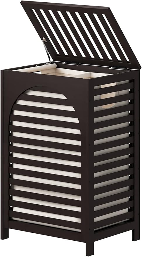 Laundry Hamper, 22.5 Gallon (85L) Bamboo Wood Clothes Laundry Basket with Lid and Handles, Removable Liner (Brown, Large)