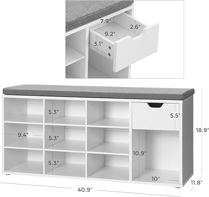 VASAGLE CUSTOS Collection - Storage Bench, Entryway Bench with Cushion, Drawer and Open Compartments, Bench with Storage, Living Room, Bedroom, Closet, White and Gray ULHS24WT