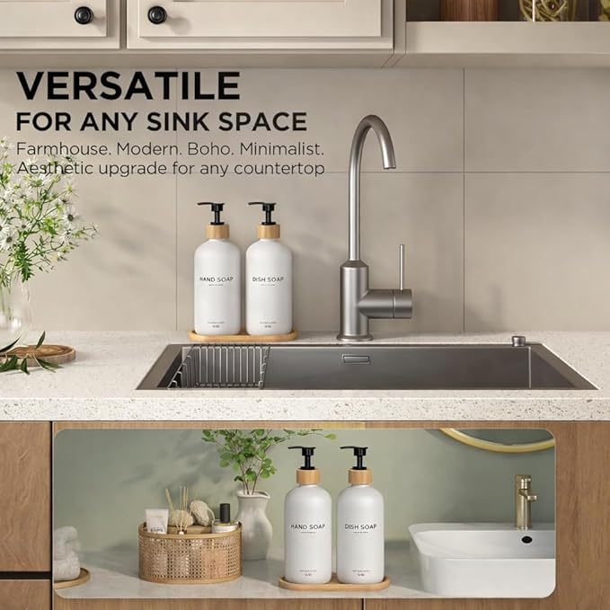 Hand and Dish Soap Dispenser Set,16oz Glass Bottles with Printed Labels, Bamboo Tray & Pump,Countertop Soap Dispensers for Kitchen,Luxury, Minimalist & Farmhouse Decor (Hand Dish (White))