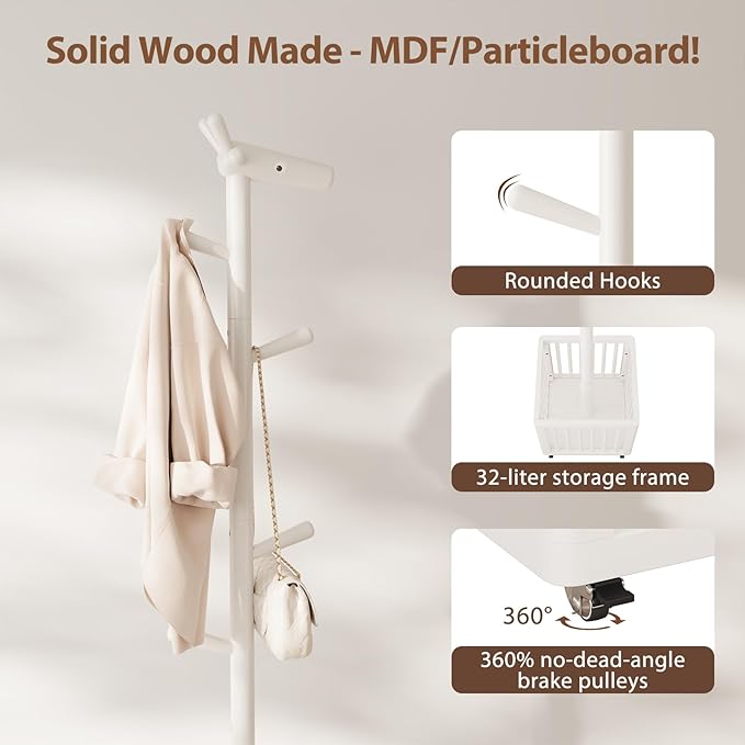 AQIMUELE Kids Coat Rack,Solid Wood Coat Rack with 6 Hook for Bedrooms,Kids clothing rack(White)