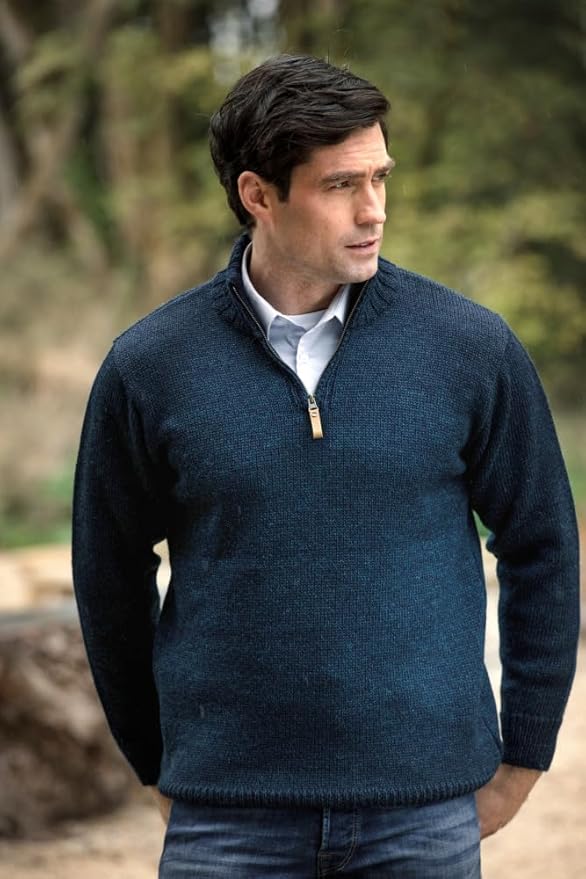 Aran Crafts 1/4 Zip Plain Sweater 100% Wool, Made in Ireland