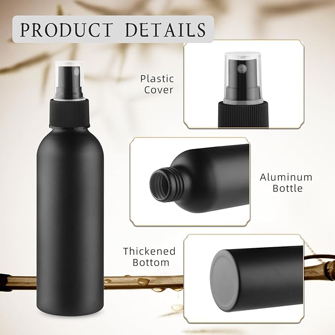 6 Pack 150ml/5oz Aluminum Spray Bottle Black Mist Sprayer Metal Spray Bottle Empty Fine Mist Spraying Bottles for Perfume Cleaning Essential Oil