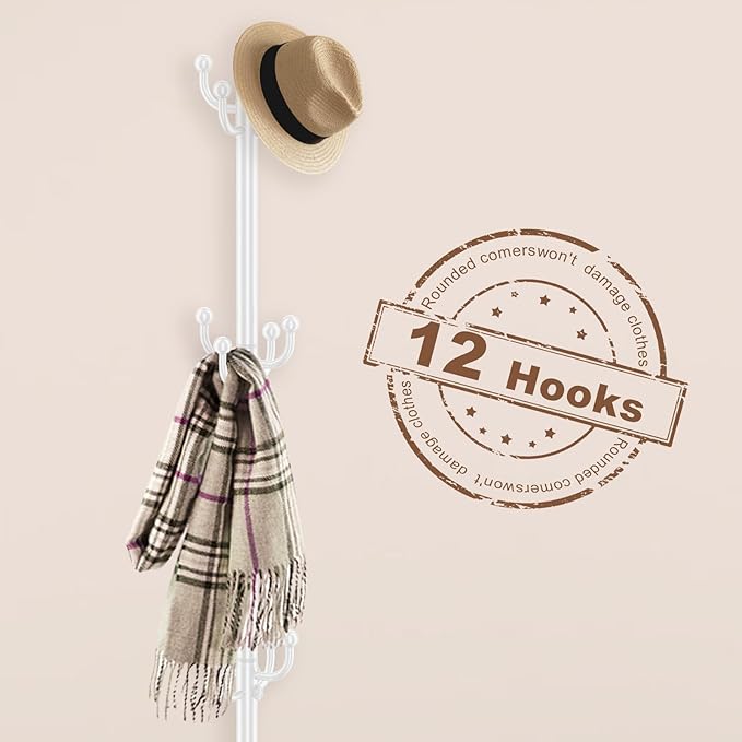 Coat Rack Freestanding, Coat Rack Stand with Umbrella Holder, Coat Tree, Coat Hanger Stand with 12 Hooks for Clothes Bag Hats, Used in Bedroom, Office, Living Room and Entryway-White
