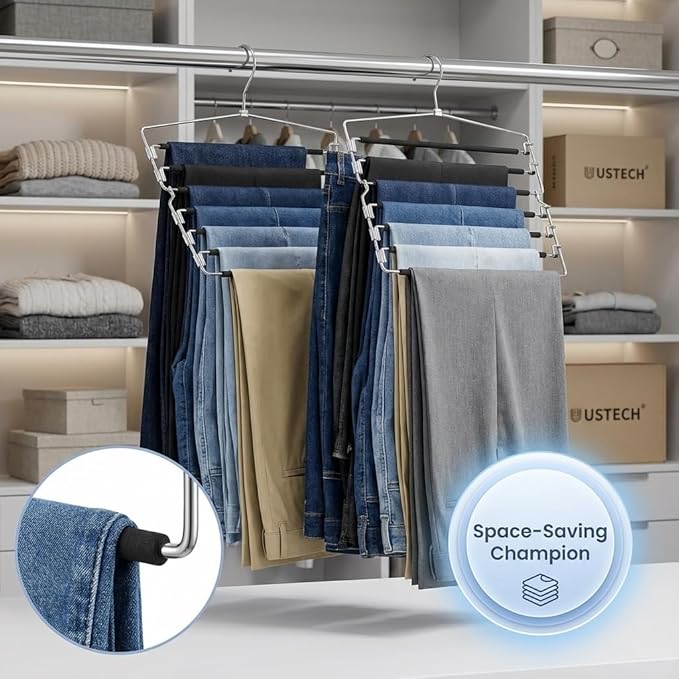 USTECH Arm Pants Hanger-8 Tier, Multi Tier Swing Hanger with Foam Padding & Removable Arm, Storage Organizer, Pack of 2, Foldable
