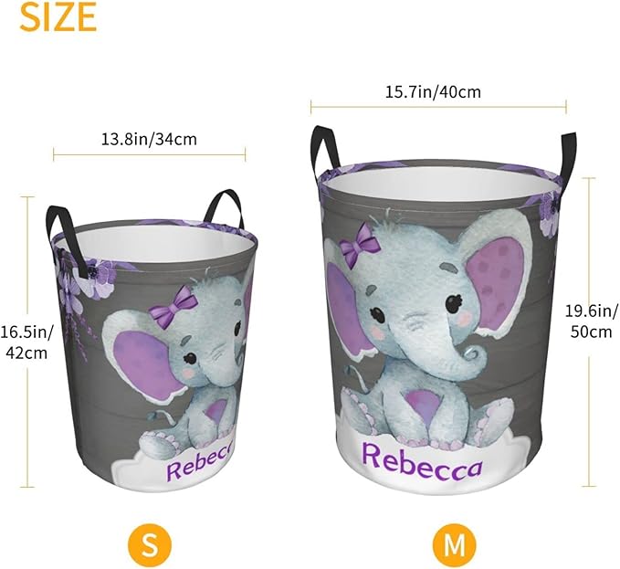 Purple Elephant Flower Customized Laundry Basket Clothes Hamper with Name Collapsible Waterproof Large Capacity Organizer Storage for Living Room.
