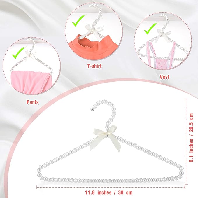 Threan White 2 Pcs Pearl Beaded Clothes Hanger Mini Pearl Beads Small Metal Clothes Hangers with Ribbon Standard for Kids Baby Children Pet Dog