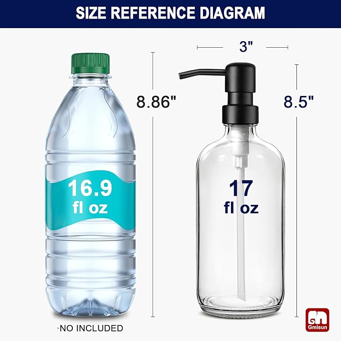 GMISUN Glass Soap Dispenser with Pump, 2 Pack Clear Bathroom Hand Soap Dispenser with Stainless Steel Pump, 17 Fl Oz Refillable Kitchen Hand and Dish Soap Dispensers Set, Modern Liquid Pump Bottles