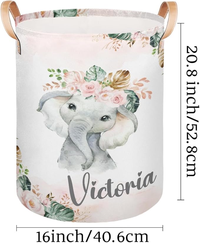 Personalized Laundry Basket, Custom Gift Laundry Hamper, Collapsible Nursery Waterproof Laundry Baskets, Dirty Clothes Toy Hamper with Handles Tropical Elephant Pink