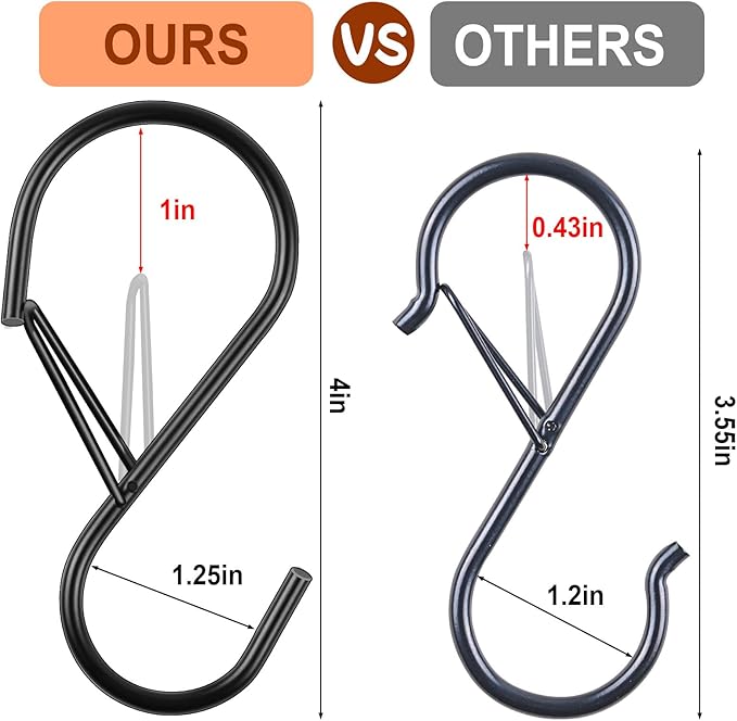 4 Inch 16 Pack Large S Hooks for Hanging with Safety Buckle,Heavy DutyS Hooks for Hanging Plants, Metal Black S Hooks, Closet Hooks for Bird Feeders, Jeans, Clothes, Pots, Pans, Towels, Kitchen, Bags