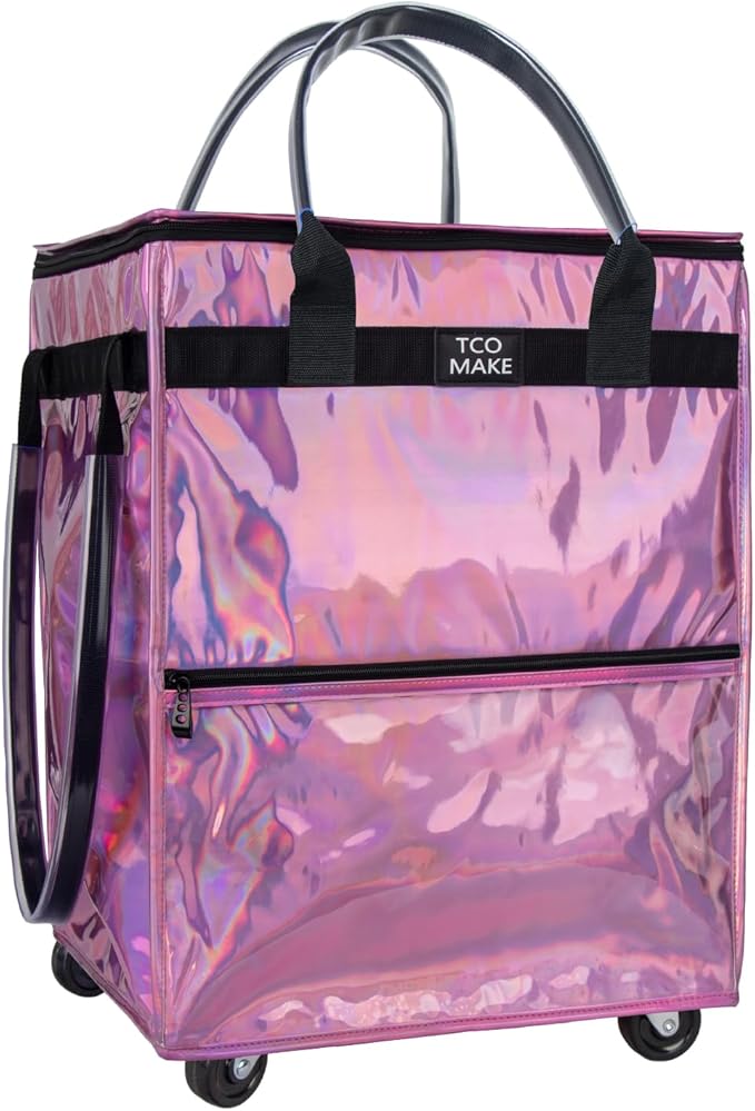 Reusable Grocery Bag on Wheels, Shopping Bags with Wheels and Handle, Folding Rolling Tote Trolley, Zipper Cover, Carries Up to 46 LBS, Waterproof (Medium, Phantom Pink)