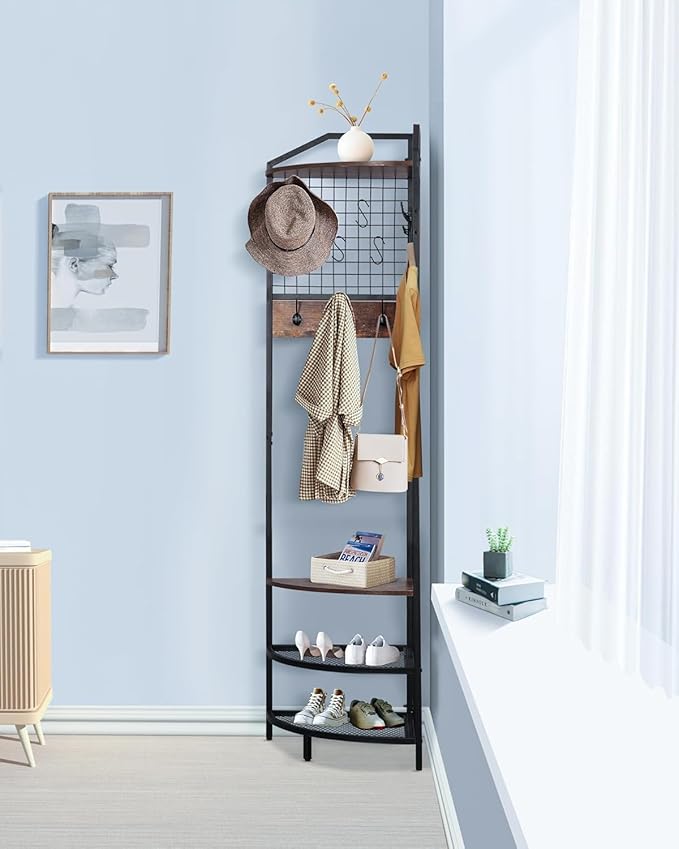 Corner Coat Rack, 78" Corner Hall Tree with Bench and Shoe Storage, Adjustable Height Floor Standing Clothes Shoes Rack with 14 Metal Hooks for Entryway, Home, Office, Bedroom (Rustic Brown 1)