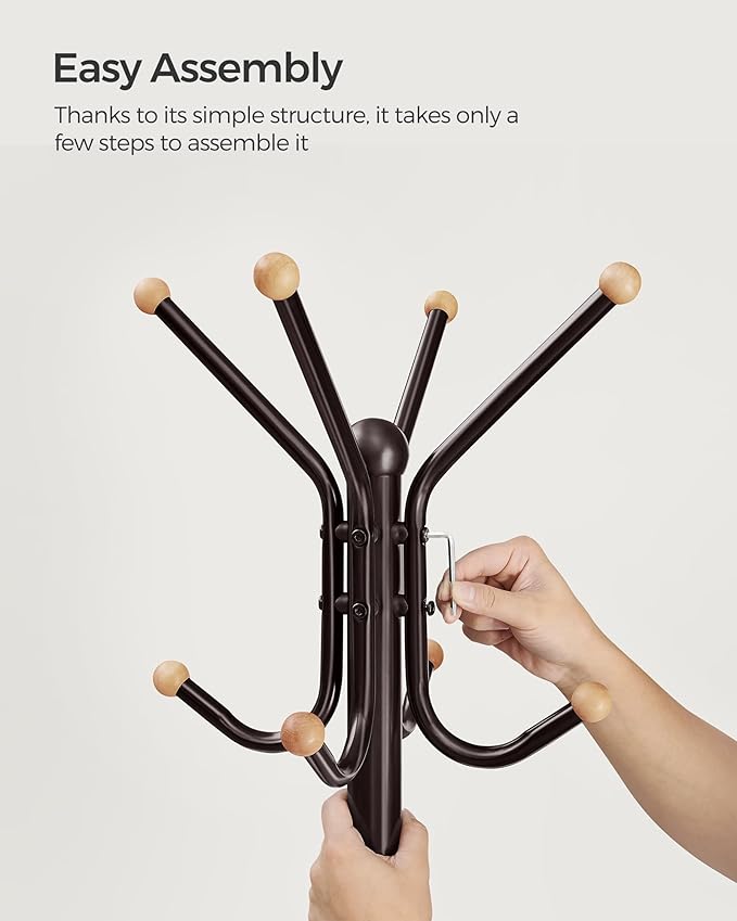SONGMICS Coat Rack Freestanding, Metal Coat Rack Stand with 12 Hooks and 4 Legs, Holds Clothes, Hats, and Bags, for Entryway, Living Room, Bedroom, Brown URCR031Z01