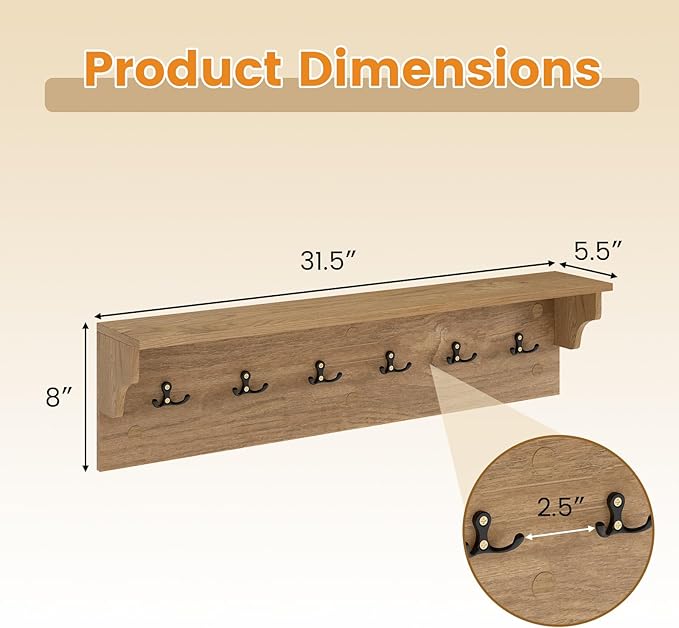 Giantex Coat Rack Wall Mount, 31.5" Wooden Coat Hooks with Shelf, Wall Clothes Rack w/ 6 Dual Hooks for Hats Towels Purses Robes, Floating Display Shelf for Living Room Bedroom Entryway, Natural