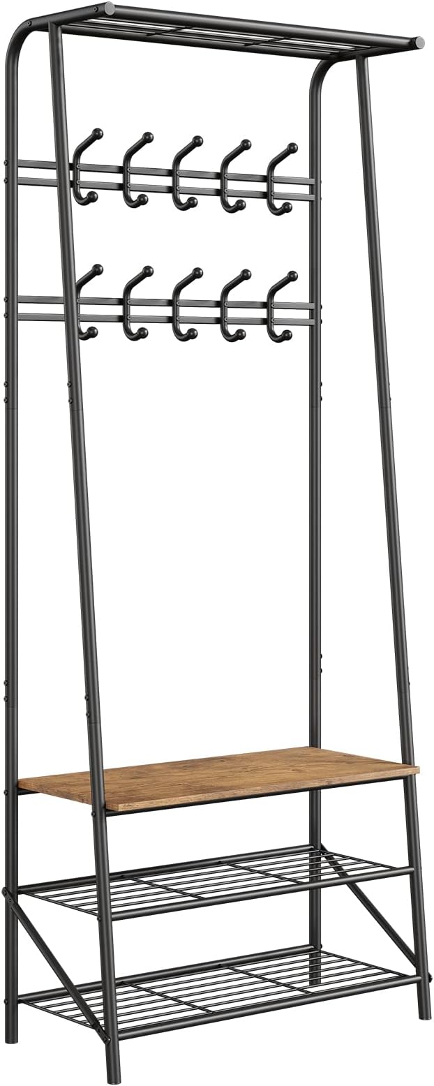 GAOMON Coat Rack, Hall Tree with Shoe Bench for Entryway, Shoe Rack Organizer with 10 Coat Hooks, 3-in-1 Hall Tree Entryway Bench, Wooden Furniture with Metal Frame