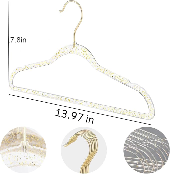 Baby Glitter Hanger 20 Pack,13.97" Kids Toddler Hangers for Closet, Gold Sparkling Plastic Baby Clothes Non-Slip Space Saving Hangers for Dress Up,Large Girl's Gold Hanger