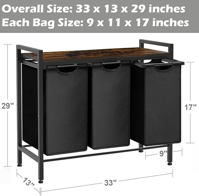 Large Laundry Hamper Sorter with 3 Removable & Pull-Out Sorting Bags, Wooden Top Shelf, Versatile Laundry Basket Organizer for Laundry Room, Bathroom, Dorm, 8 * 3 Gal, Black