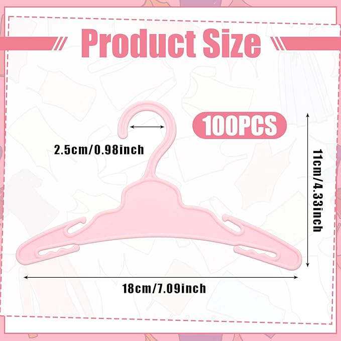 Soulchen 100 Pcs Doll Clothes Hangers for 18 Inch Dolls, Plastic Clothes Hangers with Non-Slip Clips, Space-Saving Wardrobe Accessories for Gown Dress Outfit (Pink)