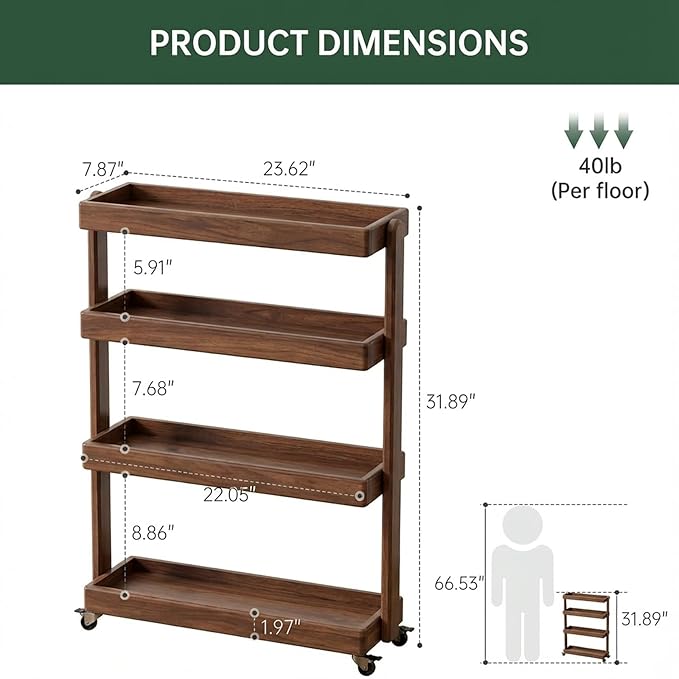 100% Solid Wood Storage Cart, 4-Tier Rolling Utility Cart with Wheels, Multifunctional Storage Trolley Shelving Unit on Wheels for Living Room Kitchen(Walnut, 7.87" D x 15.75" W x 31.89" H)