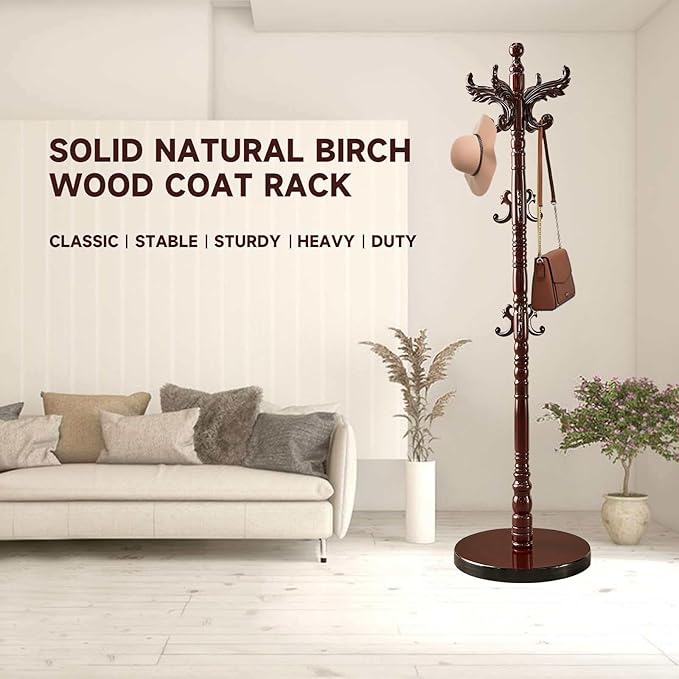 Wooden Coat Rack Stand, Natural Birch Wood Coat Rack Freestanding with Triangular Base, Sturdy Solid Wood Coat Racks with 14 Hooks, Vintage Coat Hall Clothes Tree for Entryway, Office, Corner