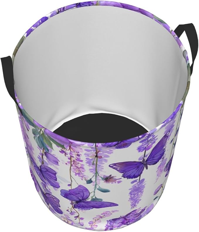 Purple Butterfly Pattern Laundry Hamper, Collapsible Organizer Basket for Bathroom,Laundry,Bedroom 19.6 x15.7 Inch