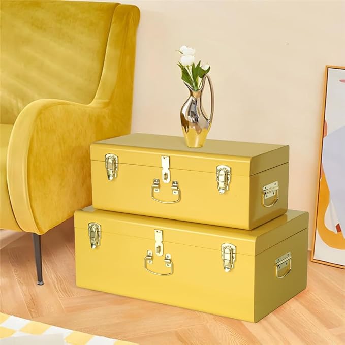 Vixdonos Storage Trunk Chest Decorative Large Metal Box Set of 2 College Dorm Organizer with Hardware Hasps and Handle for Home Deocr,23.7X14.2X9.5 Inches