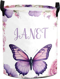 Large Custom Name Laundry Hamper, Butterfly Personalized Dirty Clothes Hamper Storage Basket with Name for Bathroom Bedrooms, Customized Name Circular Hamper with Handles for Baby Boys Girls Men Women