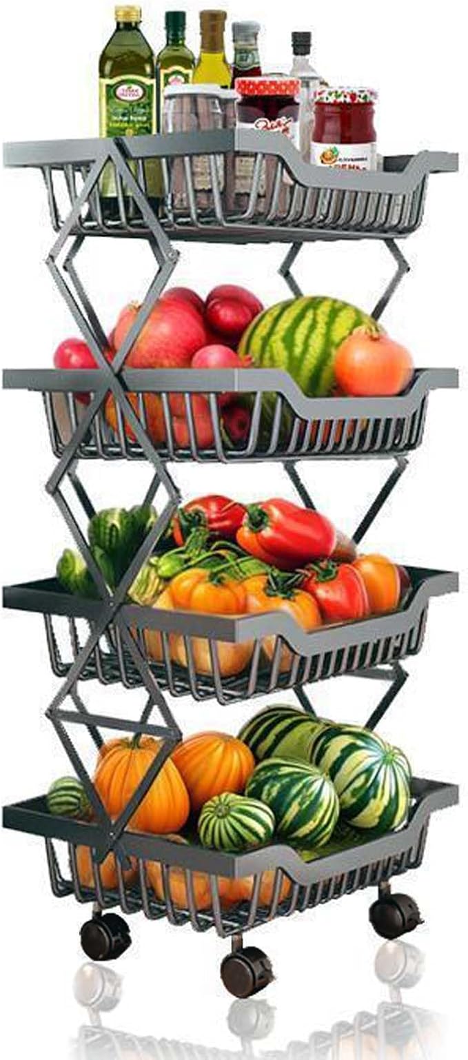 Rolling Utility Cart, Foldable Metal Shelf Organizer with Locking Wheels, Multi-Purpose Storage Rack for Kitchen, Office, Laundry, 14.17" L x 10.71" W x 29.5" H Black 4 Tiers