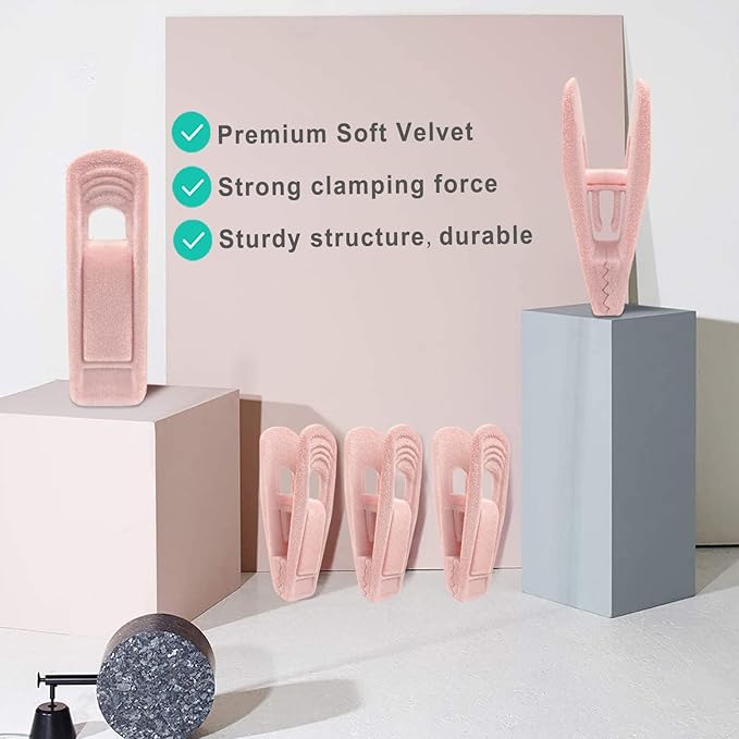 Light Pink Velvet Hanger Clips 60 PCS, Strong Finger Clips for Velvet Hangers, Skirt Hanger Clips Fit for Flocking Hangers