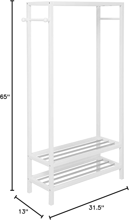Legacy Decor 2 Tier Shelves Shoe Garment Coat Rack Hanger 65”H X 31.5”W X 13" D Wooden White Finish