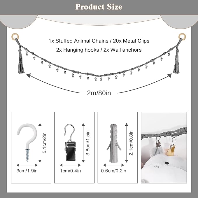 80" Cotton Hanging Storage Chain For Stuffed Animals Storage with 40 Metal Clips, Stuffed Animal Organizer Chain for Wall Corner Nursery Play Room, Grey