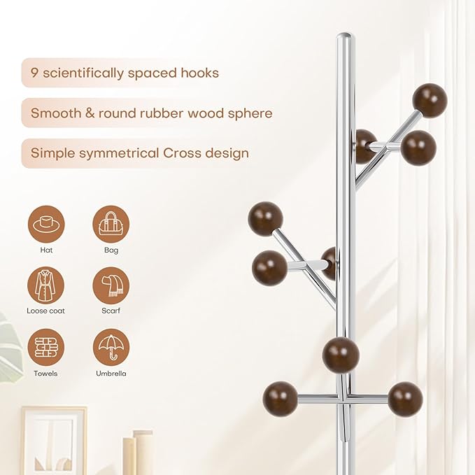 Coat Rack Freestanding, Metal Coat Tree with 9 Rubber Wood Hooks, Heavy Duty Coat Hanger Stand with Marble and Stainless Steel Base, Standing Hall Tree for Clothes, Hats, Bags, Jacket