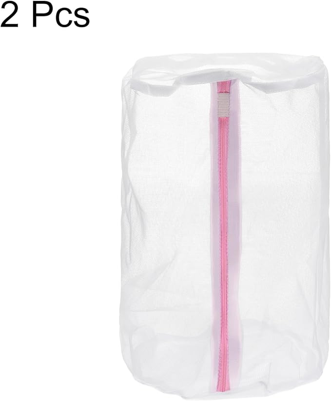 uxcell 2Pcs Shoes Washing Bag, 8.7 x 13 Inch Cylinder Fine Mesh Laundry Bags for Washing Machine Wash Sneakers, Slippers, Delicate, Underwear, White/Pink