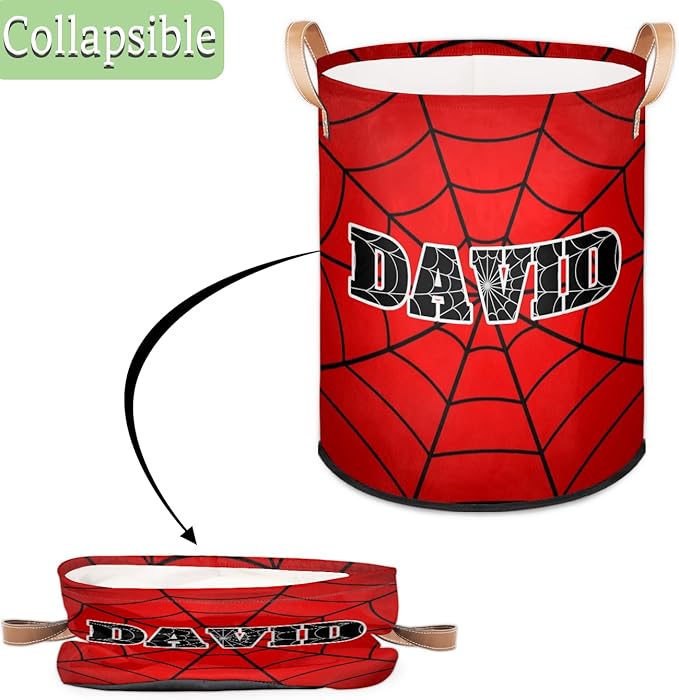 Spider Wed Personalized-Laundry-Hamper-Basket for Kids Custom Name Collapsible Storage Organizer Bin Dirty Clothes Toys Hamper for Boys Nursery in Laundry, Bedroom, Bathroom Gray